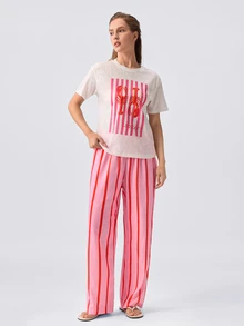 Loungeista 2pcs Women's Round Neck Short Sleeve Top + Long Pants Pajama Set - White - View 3