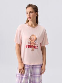 Loungeista Conjunto de ropa de estar en casa de 2 piezas para mujer: top de manga corta con cuello redondo y estampado lindo + pantalones rectos de cintura elástica a cuadros - Rosa - Ver 5
