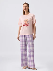 Loungeista Conjunto de ropa de estar en casa de 2 piezas para mujer: top de manga corta con cuello redondo y estampado lindo + pantalones rectos de cintura elástica a cuadros - Rosa - Ver 3