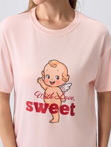 Loungeista Conjunto de ropa de estar en casa de 2 piezas para mujer: top de manga corta con cuello redondo y estampado lindo + pantalones rectos de cintura elástica a cuadros - Rosa - Ver 6