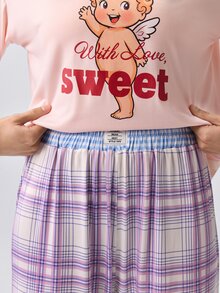 Loungeista Conjunto de ropa de estar en casa de 2 piezas para mujer: top de manga corta con cuello redondo y estampado lindo + pantalones rectos de cintura elástica a cuadros - Rosa - Ver 7