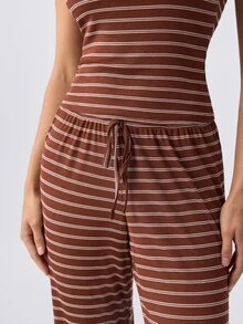Loungeista Striped Soft Casual Camisole Loungewear Pajama Set - Mocha Brown - View 6