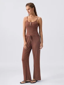 Loungeista Striped Soft Casual Camisole Loungewear Pajama Set - Mocha Brown - View 3