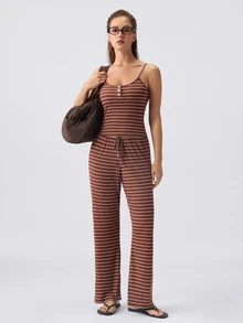 Loungeista Striped Soft Casual Camisole Loungewear Pajama Set - Mocha Brown - View 1