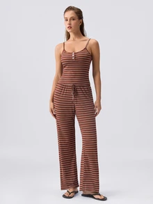 Loungeista Striped Soft Casual Camisole Loungewear Pajama Set - Mocha Brown - View 4