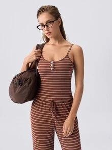 Loungeista Striped Soft Casual Camisole Loungewear Pajama Set - Mocha Brown - View 7