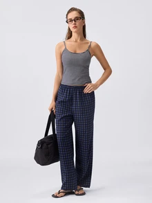 Loungeista Women's Fresh Striped Top And Plaid Pants Pajama Set - Navy Blue - View 4