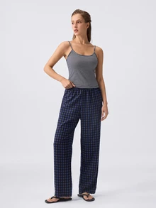 Loungeista Women's Fresh Striped Top And Plaid Pants Pajama Set - Navy Blue - View 3