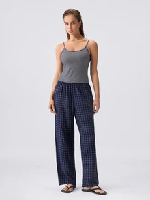 Loungeista Women's Fresh Striped Top And Plaid Pants Pajama Set - Navy Blue - View 1