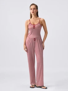 Loungeista Summer Decorative Button Striped Print Bodycon Knit Camisole & Pants Set, Sexy Style - Burgundy - View 4