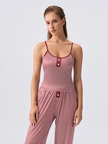 Loungeista Summer Decorative Button Striped Print Bodycon Knit Camisole & Pants Set, Sexy Style - Burgundy - View 5
