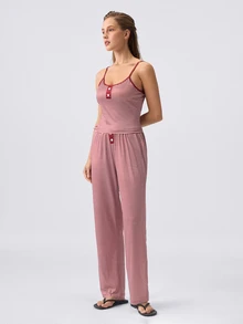 Loungeista Summer Decorative Button Striped Print Bodycon Knit Camisole & Pants Set, Sexy Style - Burgundy - View 3