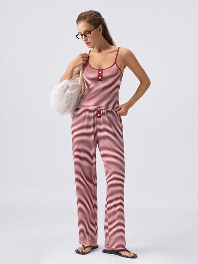 Loungeista Summer Decorative Button Striped Print Bodycon Knit Camisole & Pants Set, Sexy Style