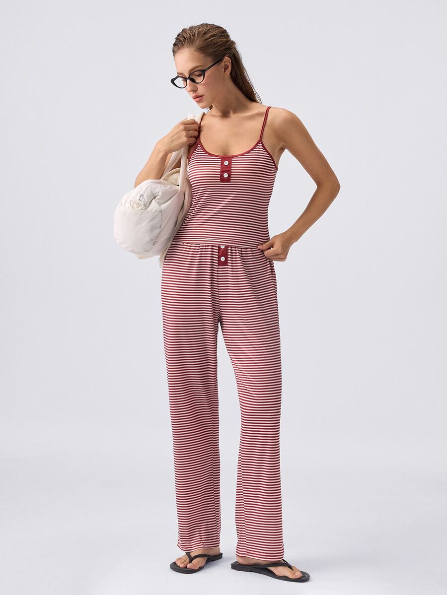 Loungeista Summer Decorative Button Striped Print Bodycon Knit Camisole & Pants Set, Sexy Style - Burgundy - View 1