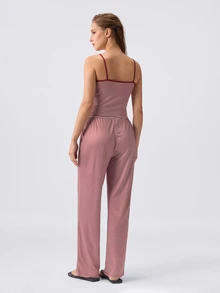 Loungeista Summer Decorative Button Striped Print Bodycon Knit Camisole & Pants Set, Sexy Style - Burgundy - View 2