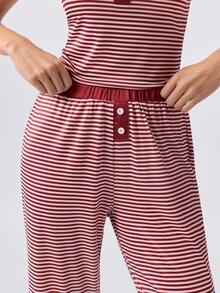 Loungeista Summer Decorative Button Striped Print Bodycon Knit Camisole & Pants Set, Sexy Style - Burgundy - View 7