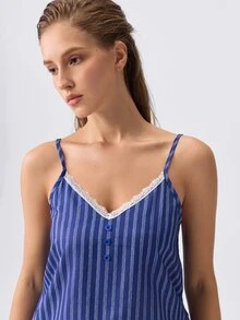 Loungeista Lace Trim Colorblock Striped Camisole And Shorts Pajama Set - Navy Blue - View 5