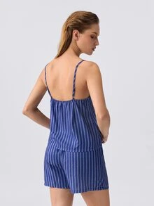 Loungeista Lace Trim Colorblock Striped Camisole And Shorts Pajama Set - Navy Blue - View 2