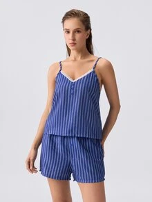 Loungeista Lace Trim Colorblock Striped Camisole And Shorts Pajama Set - Navy Blue - View 4