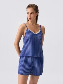 Loungeista Lace Trim Colorblock Striped Camisole And Shorts Pajama Set - Navy Blue - View 3
