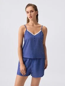 Loungeista Lace Trim Colorblock Striped Camisole And Shorts Pajama Set - Navy Blue - View 1
