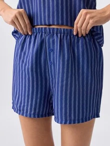 Loungeista Lace Trim Colorblock Striped Camisole And Shorts Pajama Set - Navy Blue - View 6