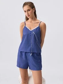 Loungeista Lace Trim Colorblock Striped Camisole And Shorts Pajama Set - Navy Blue - View 8