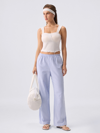 Loungeista Women's Casual Comfortable Solid Color Lace Tank Top & Woven Striped Long Pants Pajama 2 Pieces Set