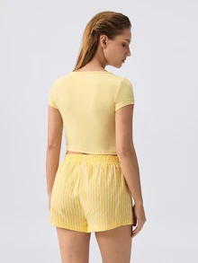 Loungeista Women's American Hot Girl Square Neck Short Sleeve Top And Striped Pajama Bottoms 2 Pieces Set - Yellow - View 2