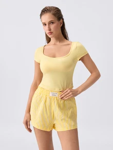 Loungeista Women's American Hot Girl Square Neck Short Sleeve Top And Striped Pajama Bottoms 2 Pieces Set - Yellow - View 3