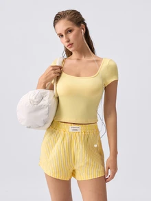 Loungeista Women's American Hot Girl Square Neck Short Sleeve Top And Striped Pajama Bottoms 2 Pieces Set - Yellow - View 1