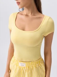 Loungeista Women's American Hot Girl Square Neck Short Sleeve Top And Striped Pajama Bottoms 2 Pieces Set - Yellow - View 6