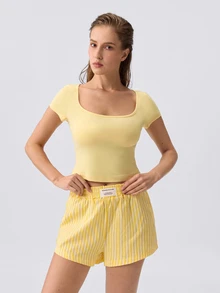 Loungeista Women's American Hot Girl Square Neck Short Sleeve Top And Striped Pajama Bottoms 2 Pieces Set - Yellow - View 4