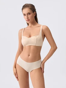Loungeista Lullawish Women's Solid Color Romantic Lace Patchwork Wireless Bra - Apricot - View 6