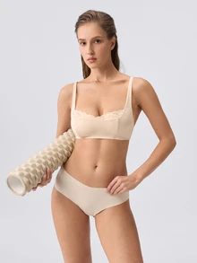 Loungeista Lullawish Women's Solid Color Romantic Lace Patchwork Wireless Bra - Apricot - View 8