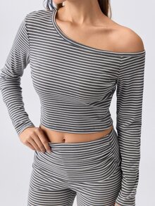 Loungeista Women's Asymmetrical Neck Striped Print Long Sleeve Top And Pants Lounge Set Striped Two Pieces Set,Fall Winter Clothes - Multicolor - View 6