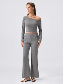 Loungeista Women's Asymmetrical Neck Striped Print Long Sleeve Top And Pants Lounge Set Striped Two Pieces Set,Fall Winter Clothes - Multicolor - View 4