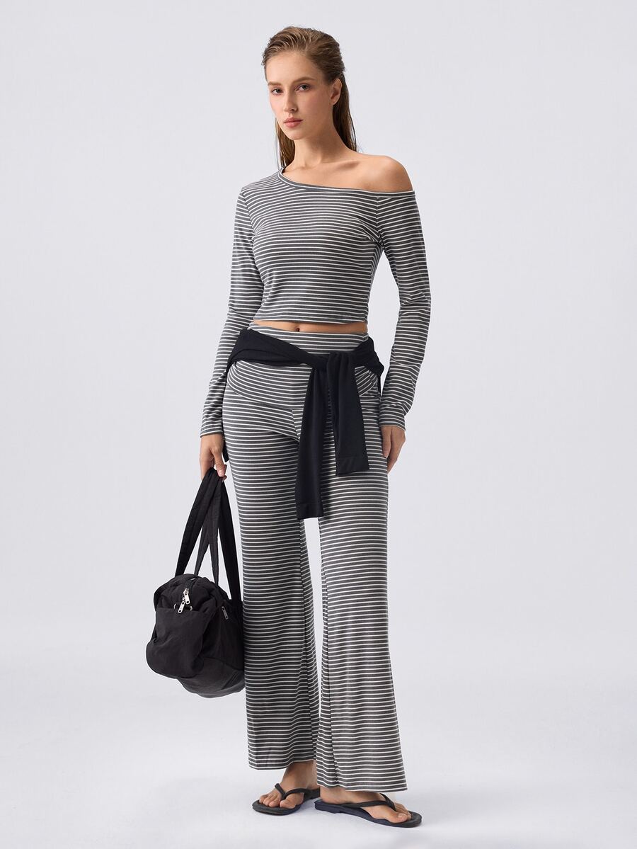 Loungeista Women's Asymmetrical Neck Striped Print Long Sleeve Top And Pants Lounge Set Striped Two Pieces Set,Fall Winter Clothes - Multicolor - View 1