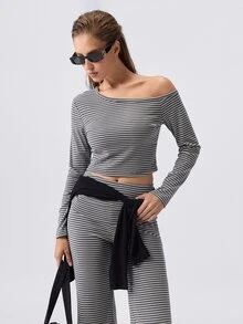 Loungeista Women's Asymmetrical Neck Striped Print Long Sleeve Top And Pants Lounge Set Striped Two Pieces Set,Fall Winter Clothes - Multicolor - View 8