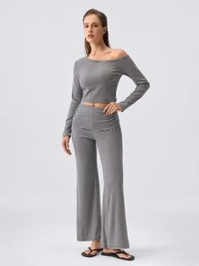 Loungeista Women's Asymmetrical Neck Striped Print Long Sleeve Top And Pants Lounge Set Striped Two Pieces Set,Fall Winter Clothes - Multicolor - View 5