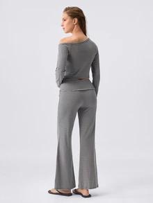 Loungeista Women's Asymmetrical Neck Striped Print Long Sleeve Top And Pants Lounge Set Striped Two Pieces Set,Fall Winter Clothes - Multicolor - View 2