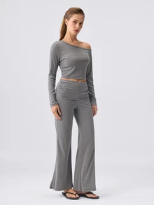 Loungeista Women's Asymmetrical Neck Striped Print Long Sleeve Top And Pants Lounge Set Striped Two Pieces Set,Fall Winter Clothes - Multicolor - View 3