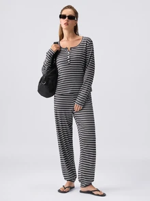 Loungeista Setelan Piyama Wanita Atasan Lengan Panjang Motif Garis-garis Kasual dengan Kancing Jepret Depan, Pakaian Musim Gugur dan Musim Dingin - Dark Grey - View 8