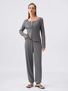 Loungeista Setelan Piyama Wanita Atasan Lengan Panjang Motif Garis-garis Kasual dengan Kancing Jepret Depan, Pakaian Musim Gugur dan Musim Dingin - Dark Grey - View 4