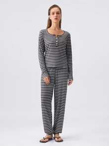Loungeista Setelan Piyama Wanita Atasan Lengan Panjang Motif Garis-garis Kasual dengan Kancing Jepret Depan, Pakaian Musim Gugur dan Musim Dingin - Dark Grey - View 3
