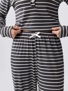 Loungeista Setelan Piyama Wanita Atasan Lengan Panjang Motif Garis-garis Kasual dengan Kancing Jepret Depan, Pakaian Musim Gugur dan Musim Dingin - Dark Grey - View 7