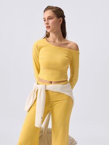 Loungeista Women's Asymmetrical Neck Striped Print Long Sleeve Top And Pants PJS Curve Two Pieces Set Women 2 Pieces Sets Casual Two Pieces Set - Yellow - View 7