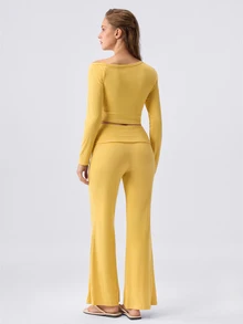 Loungeista Women's Asymmetrical Neck Striped Print Long Sleeve Top And Pants PJS Curve Two Pieces Set Women 2 Pieces Sets Casual Two Pieces Set - Yellow - View 2