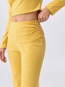 Loungeista Women's Asymmetrical Neck Striped Print Long Sleeve Top And Pants PJS Curve Two Pieces Set Women 2 Pieces Sets Casual Two Pieces Set - Yellow - View 6