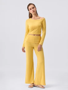 Loungeista Women's Asymmetrical Neck Striped Print Long Sleeve Top And Pants PJS Curve Two Pieces Set Women 2 Pieces Sets Casual Two Pieces Set - Yellow - View 4